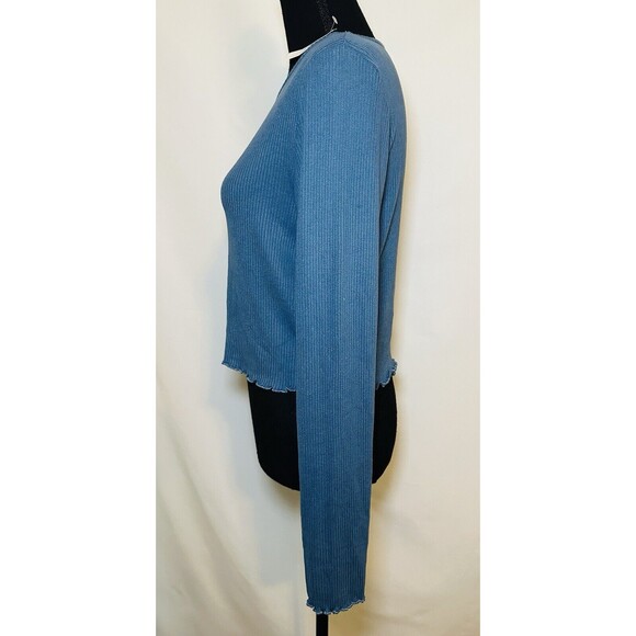 AMERICAN EAGLE Lettuce Cut Ribbed Crop Long Sleeve Blue Shirt Women's LARGE NWT - Picture 2 of 11